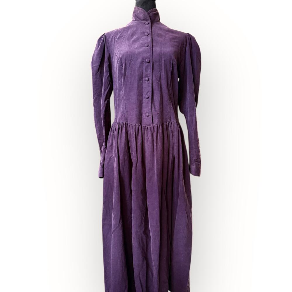 Laura Ashley Vintage 80s Deep Purple Corduroy Button Front Midi Dress Size 12 - Picture 5 of 16